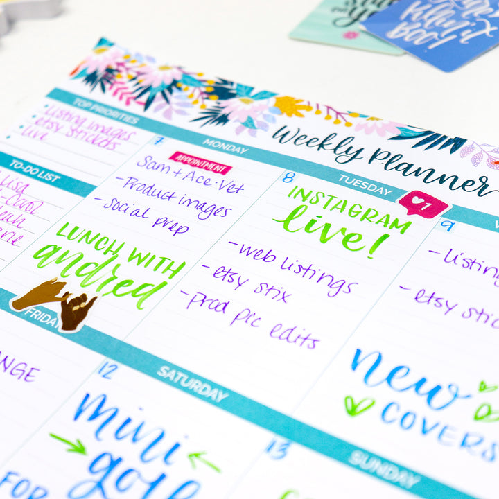 Planning Pad, 8.5" x 11", Horizontal Weekly Planner, Teal Floral