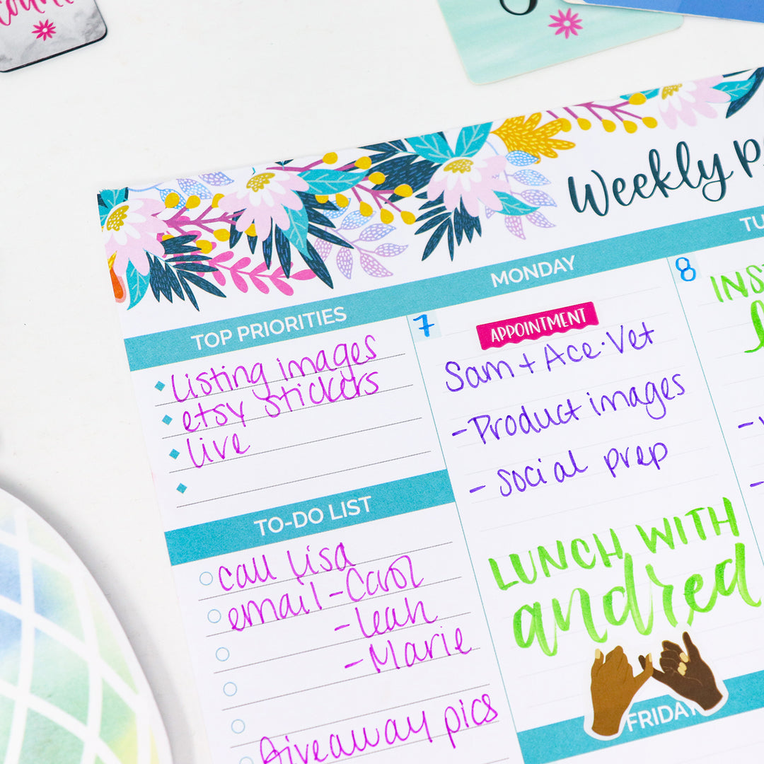 Planning Pad, 8.5" x 11", Horizontal Weekly Planner, Teal Floral