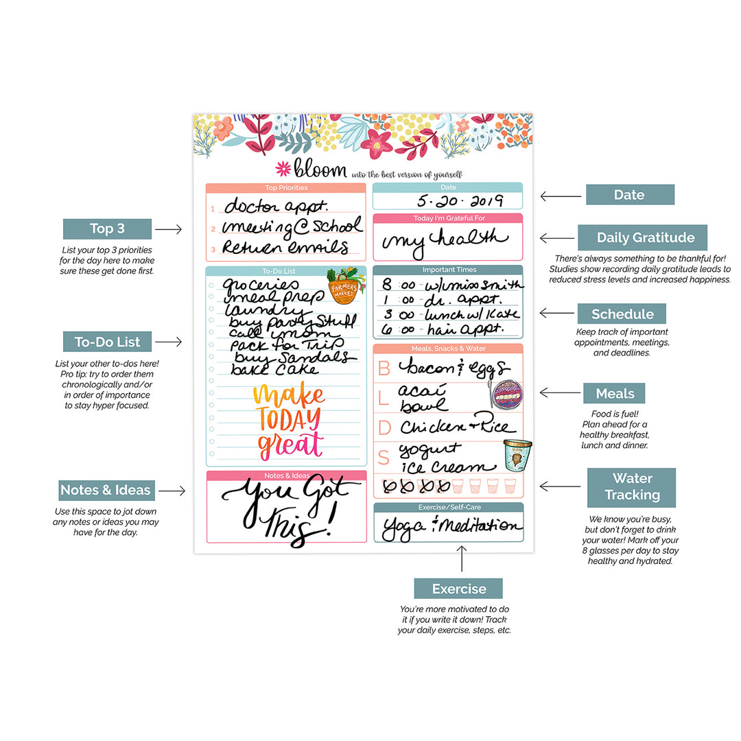 Planning Pad, 8.5" x 11", Daily Planning System, Floral Dots