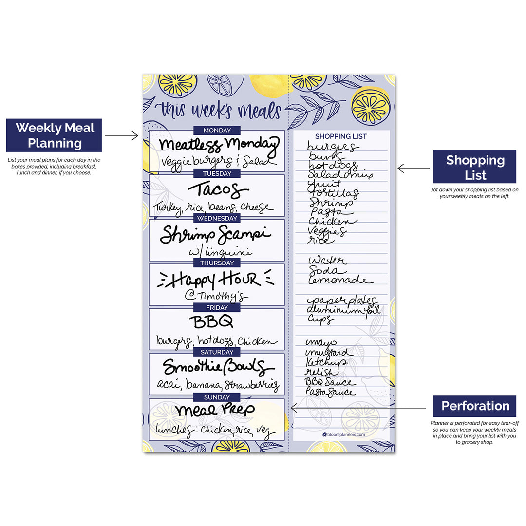 Planning Pad, 6" x 9", Meal Planning Pad with Magnets, Blue Lemons