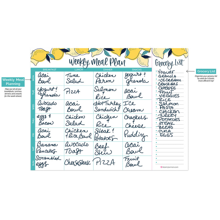 Planning Pad, 8.5" x 11", Horizontal Meal Planning Pad with Magnets, Lemons