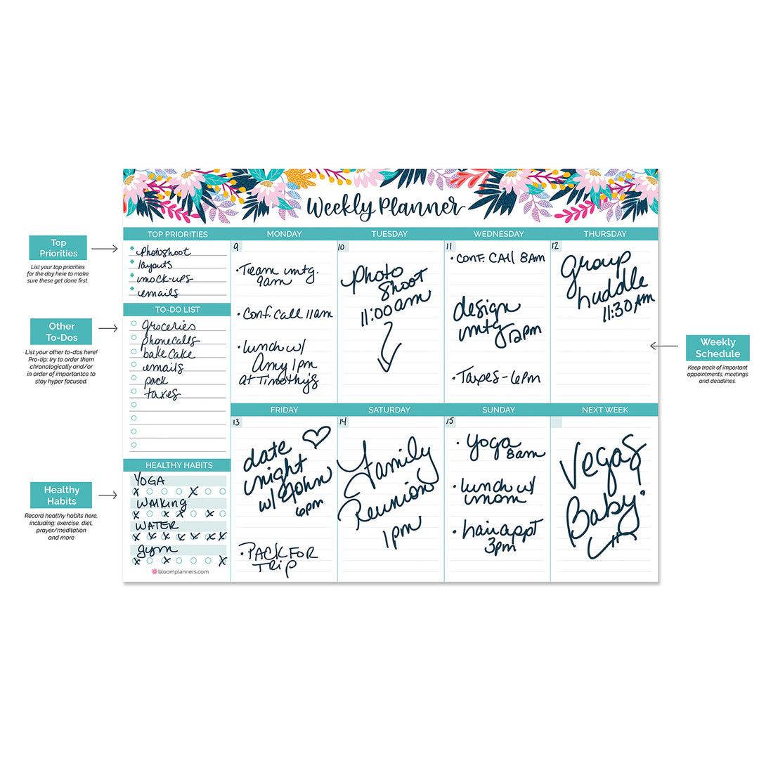 Planning Pad, 8.5" x 11", Horizontal Weekly Planner, Teal Floral