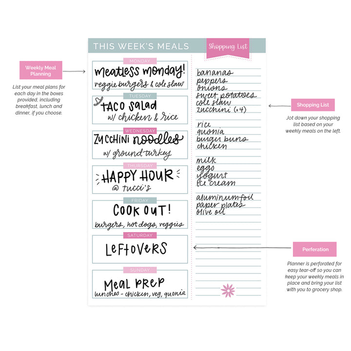 Planning Pad, 6" x 9", Meal Planning Pad with Magnets, Pink & Teal