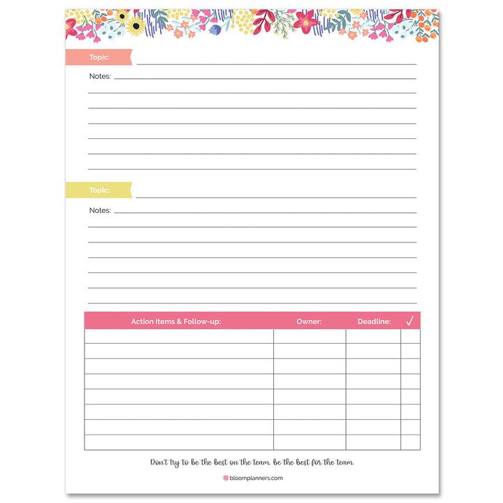 Planning Pad, 8.5" x 11", Double Sided Meeting Notes, Floral Dots