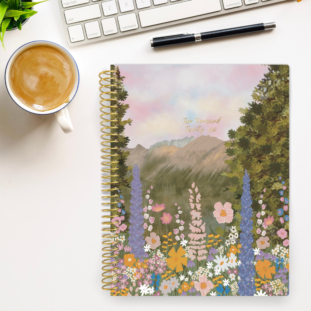 Wildflower Mountainside _ 8.5x11 Hard Covers_bloom daily planners _ calender year 12 month 2026 january - december day planner agenda stickers bookmark _ flower flowers wildflowers mountains collage artist collab Megan Morole