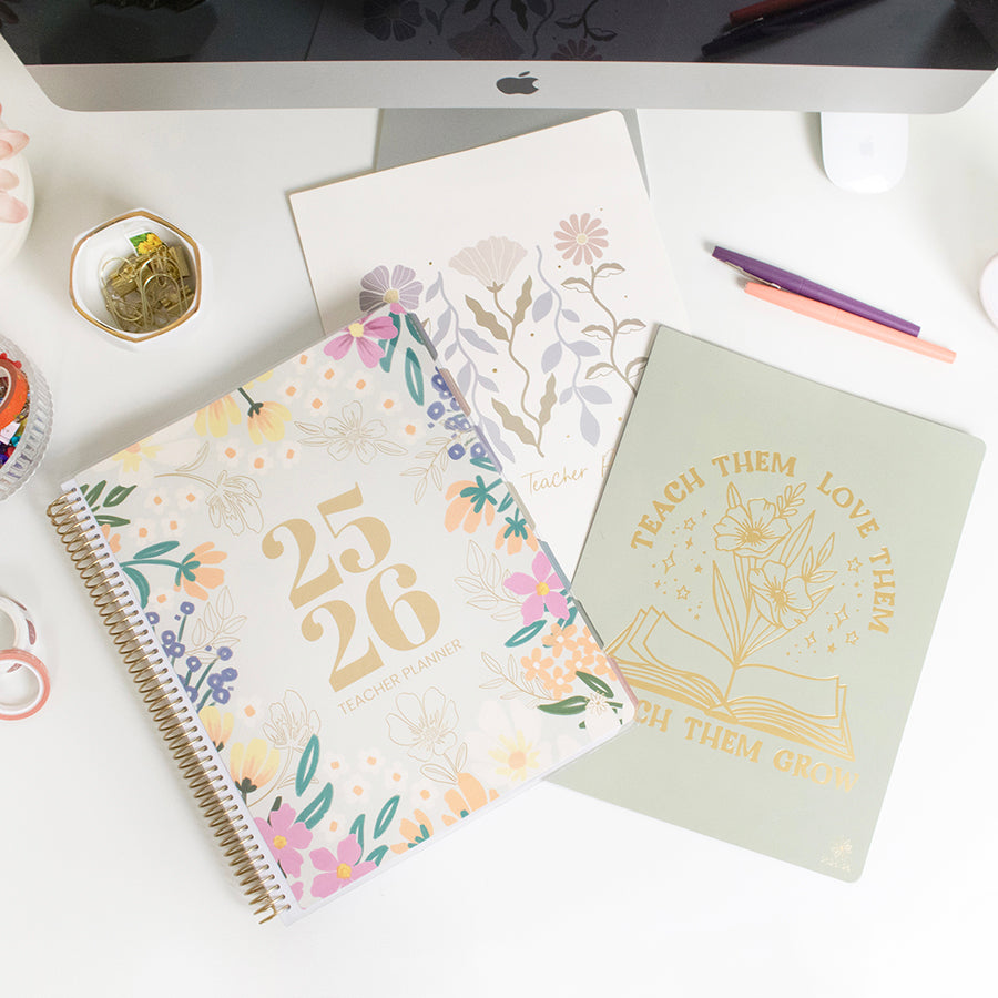 Teacher Planner Interchangeable Covers, Cool Tones _ teaching academic year dated_ 12 months August 2025 - July 2026 _ cool tones muted neutral floral retro quote gold foil teacher homeschool