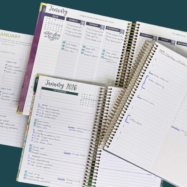 A collection of 2026 planners with different layout styles, plans and to do lists filled in for comparison