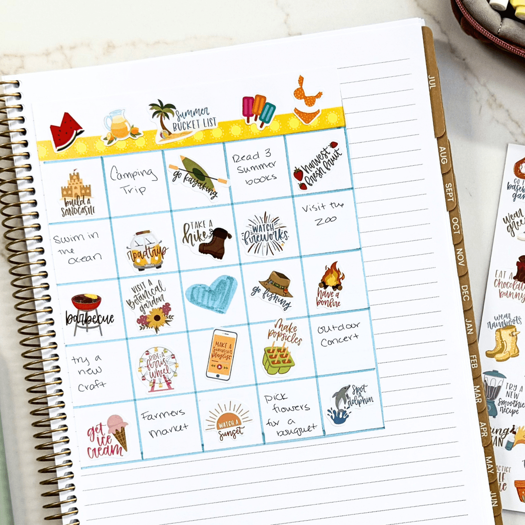 A colorful bingo card filled with summer bucket list activities 