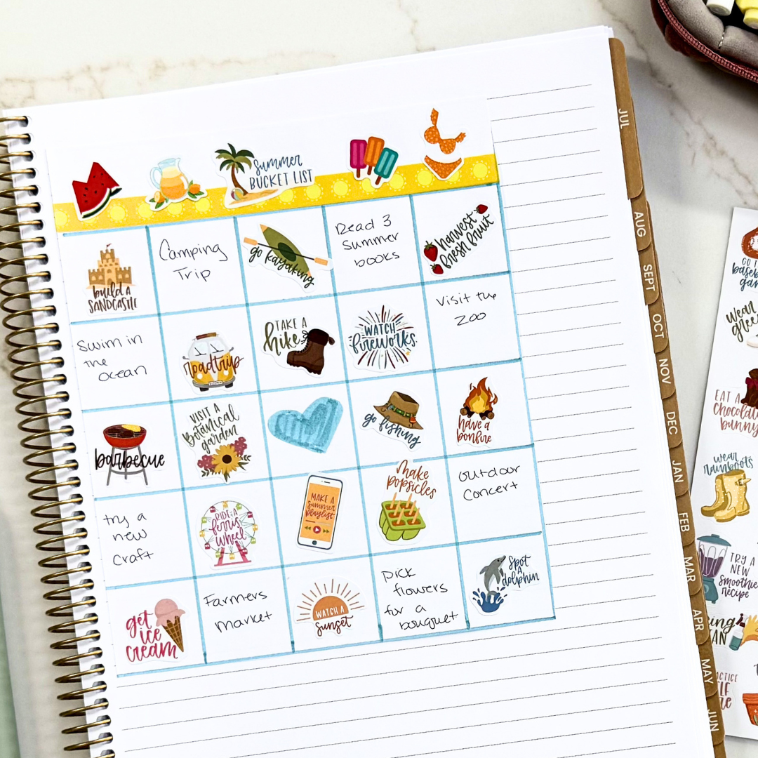A colorful bingo card filled with summer bucket list activities 