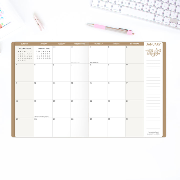2026 Monthly Planner, 9" x 12", Gold Floral Stamp