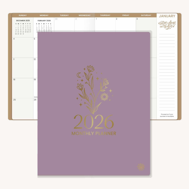 2026 Monthly Planner, 9" x 12", Gold Floral Stamp