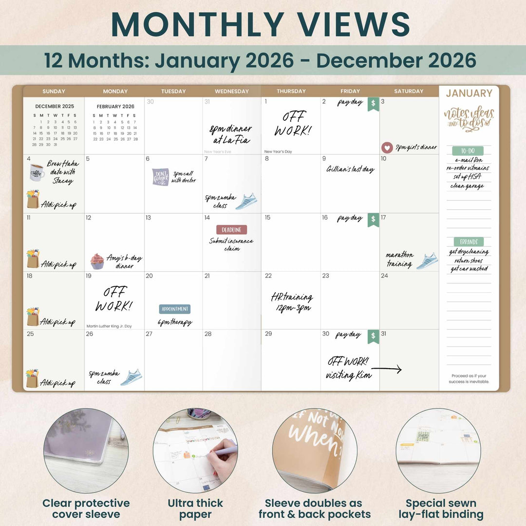 2026 Monthly Planner, 9" x 12", Gold Floral Stamp