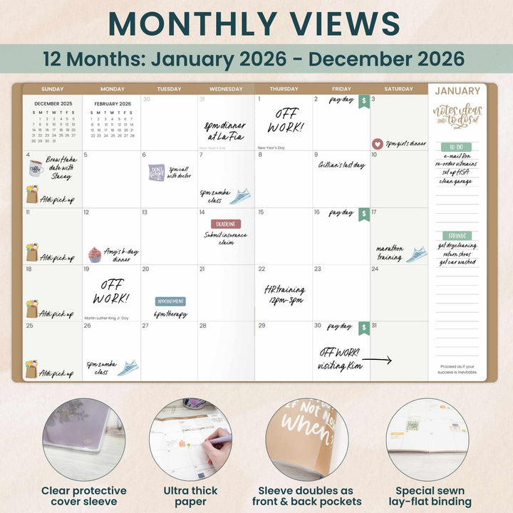 2026 Monthly Planner, 9" x 12", Gold Floral Stamp