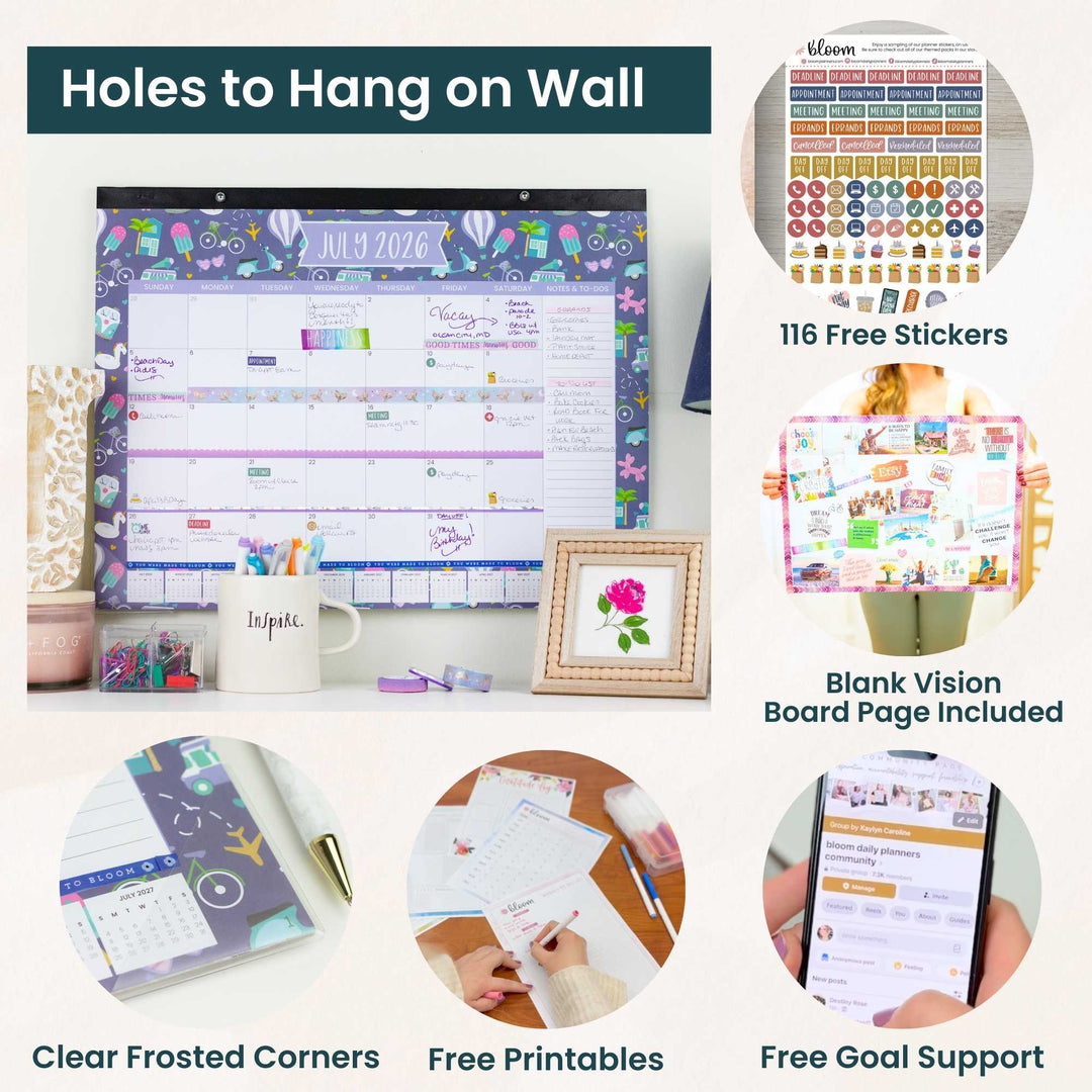 Product display with a planner, stickers, and other items on a desk.