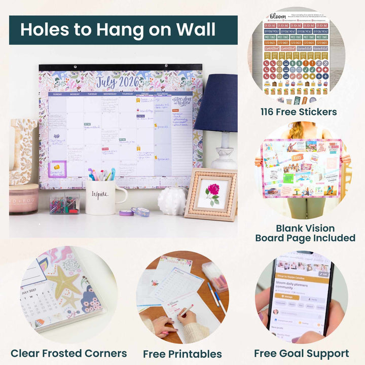 Product display with a calendar, stickers, and other office supplies on a desk.