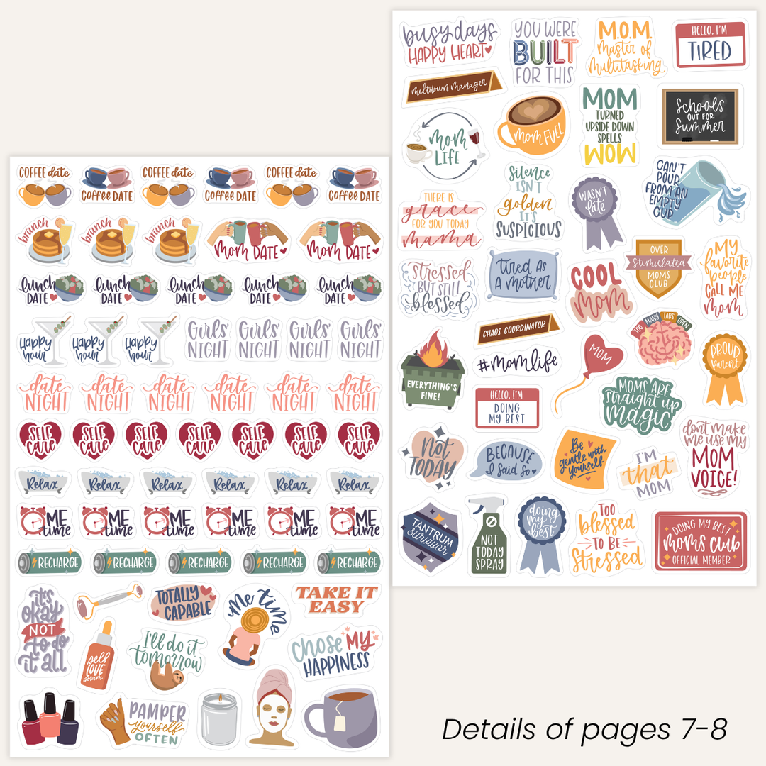 Collection of planner stickers on two pages with various designs and text.
