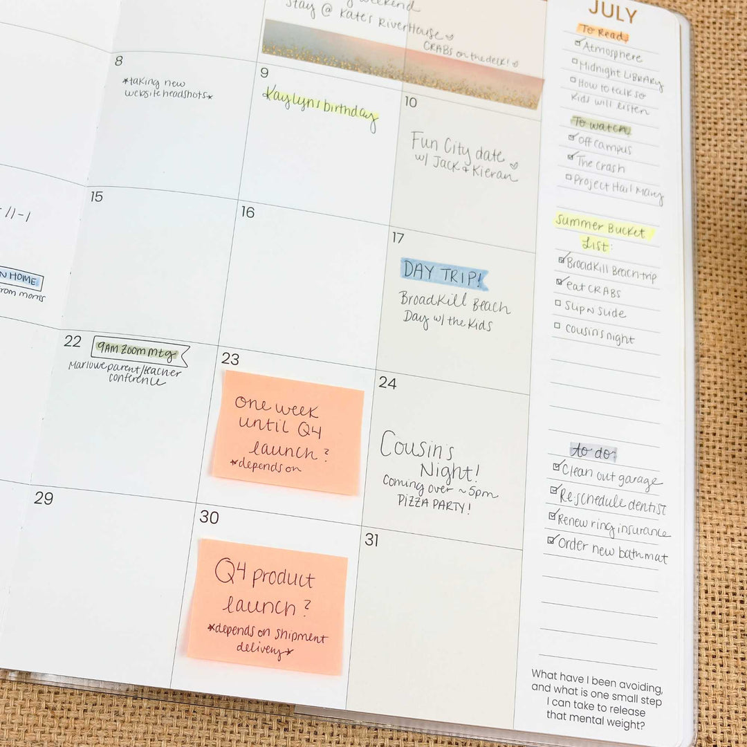 Calendar with sticky notes attached, showing a Q4 product launch event.