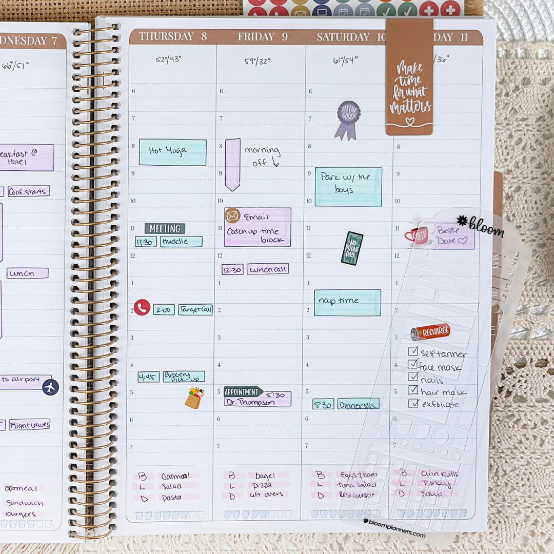 A spiral-bound planner page laid flat on a lace-trim surface, showing a weekly calendar layout with handwritten notes, colored sticky notes, icons, and a clear plastic cover over the right side.