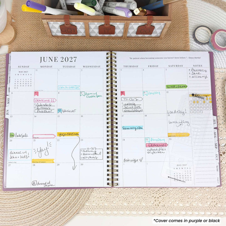 Purple June 2027 planner open on desk with handwritten schedules and notes
