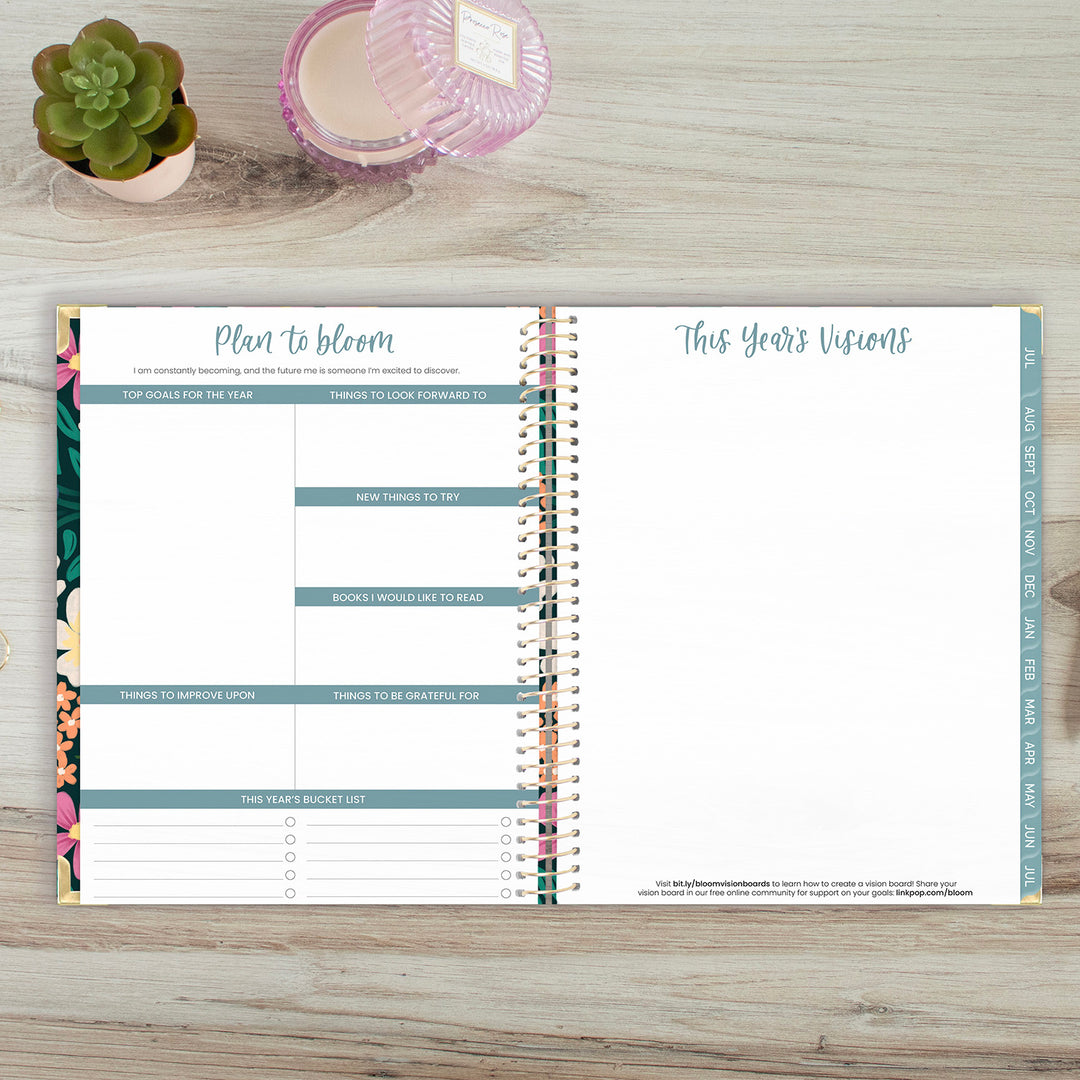 Goal setting page and vision board spread in a 2026-27 planner.