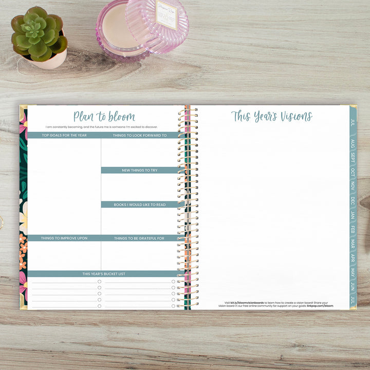 Goal setting page and vision board spread in a 2026-27 planner.