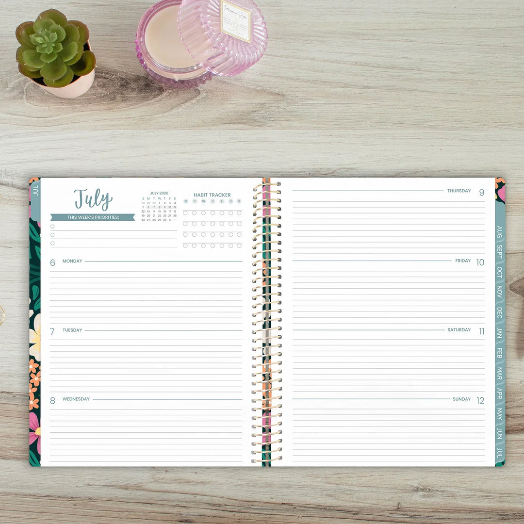 Open planner on a wooden surface with a small plant and pink container.