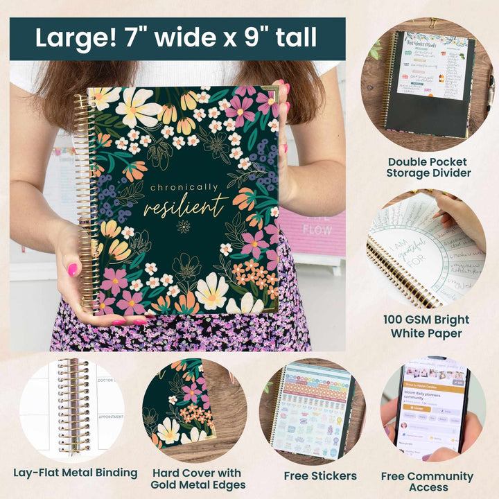 Floral notebook held by a person with product features listed on the right.