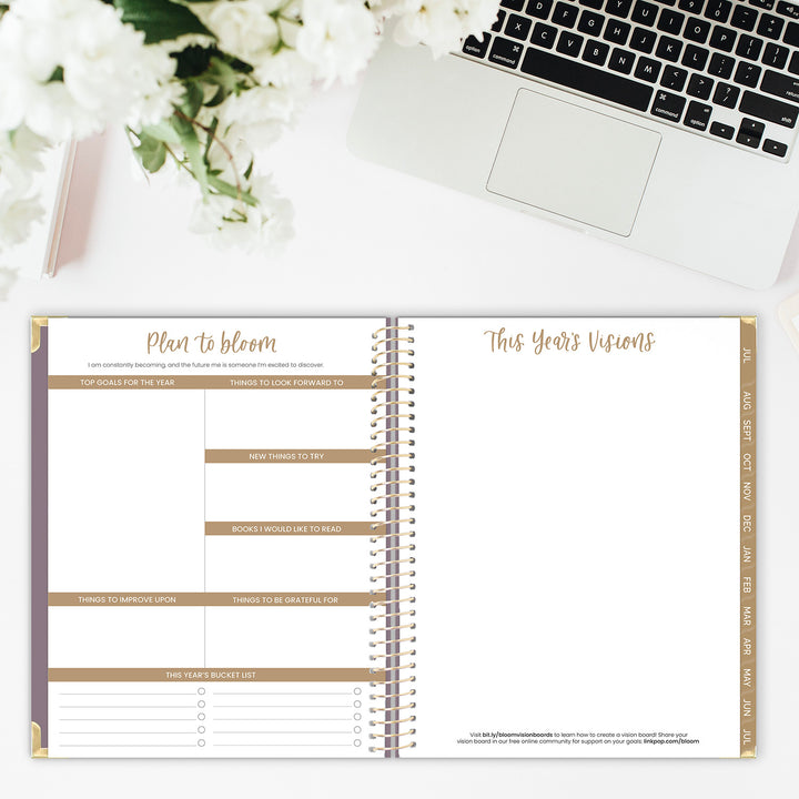 Goal setting page and vision board spread on a desk