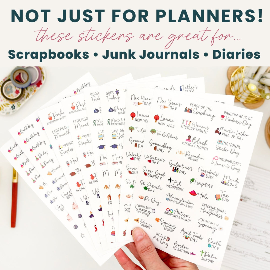 Clear-backed celebration sticker sheets for planners, scrapbooks, junk journals, and diaries.
