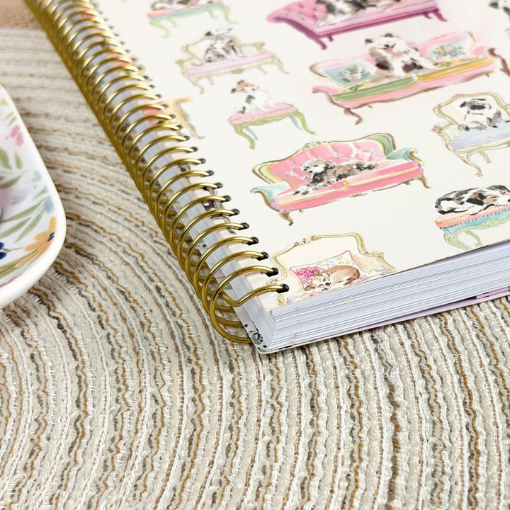 A spiral-bound notebook with a gold wire binding and a printed cover featuring illustrated cats lounging in pink and green sofas, photographed on a beige textured rug with a partial floral plate visible at the left edge.