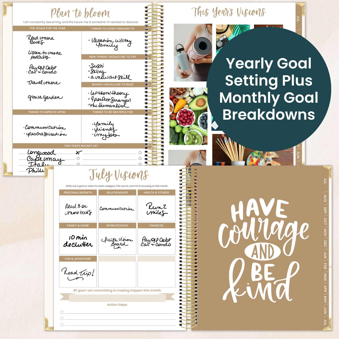 Life coach pages and pre-month planning pages. Examples of how to fill in goals for the year, vision board and monthly goals.