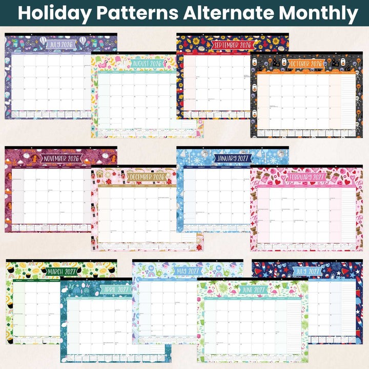 Set of monthly calendars with different holiday-themed designs on a white background.