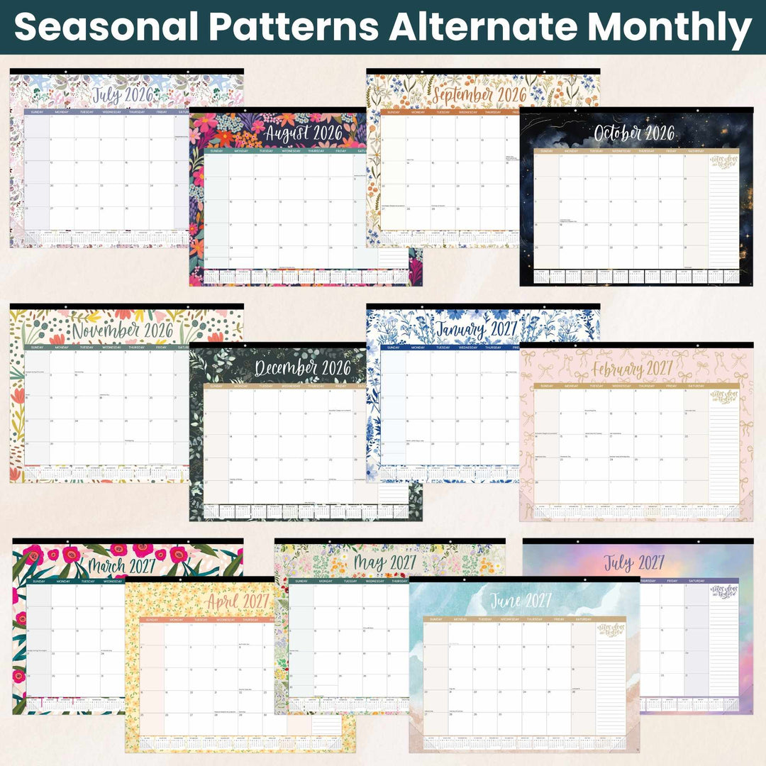 Set of 12 monthly calendar pages with different designs for each month, displayed vertically.