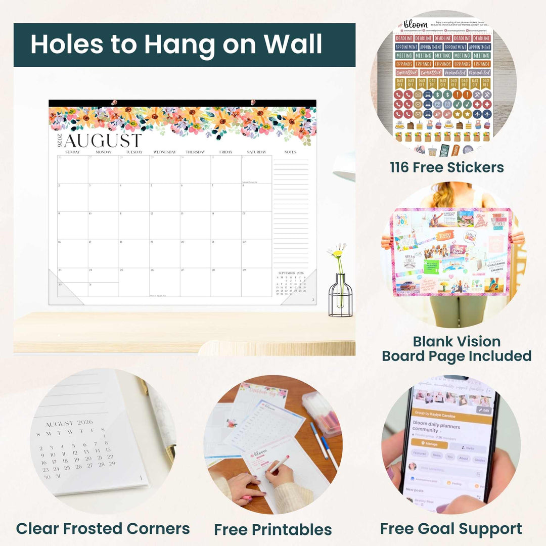 Collage of a wall calendar, vision board, and related products with text highlighting features.