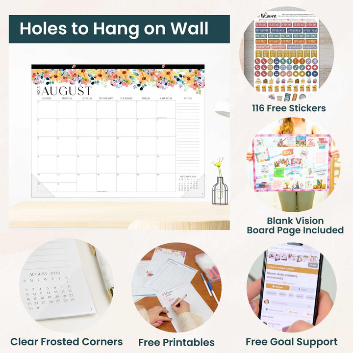 Collage of a wall calendar, vision board, and related products with text highlighting features.