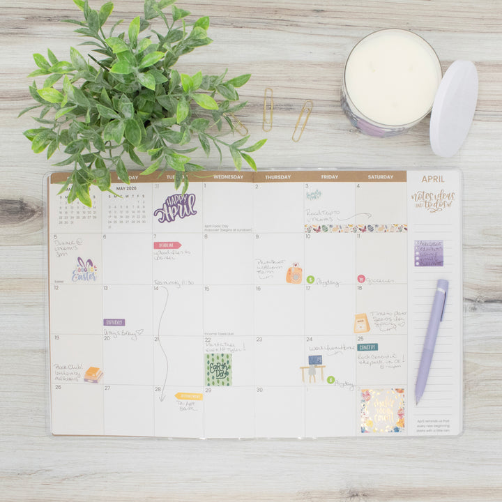 2026 Monthly Planner, 9" x 12", Gold Floral Stamp