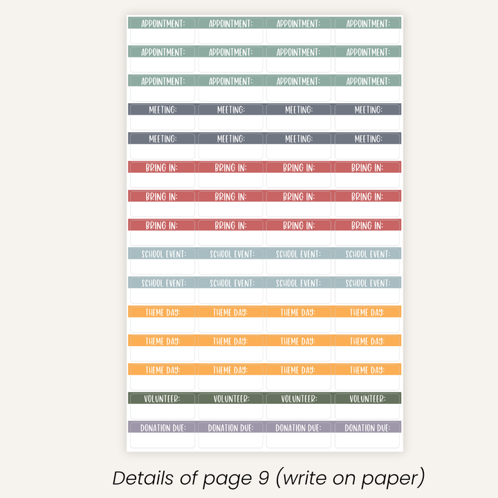 Colorful planner stickers with various text labels on a white background