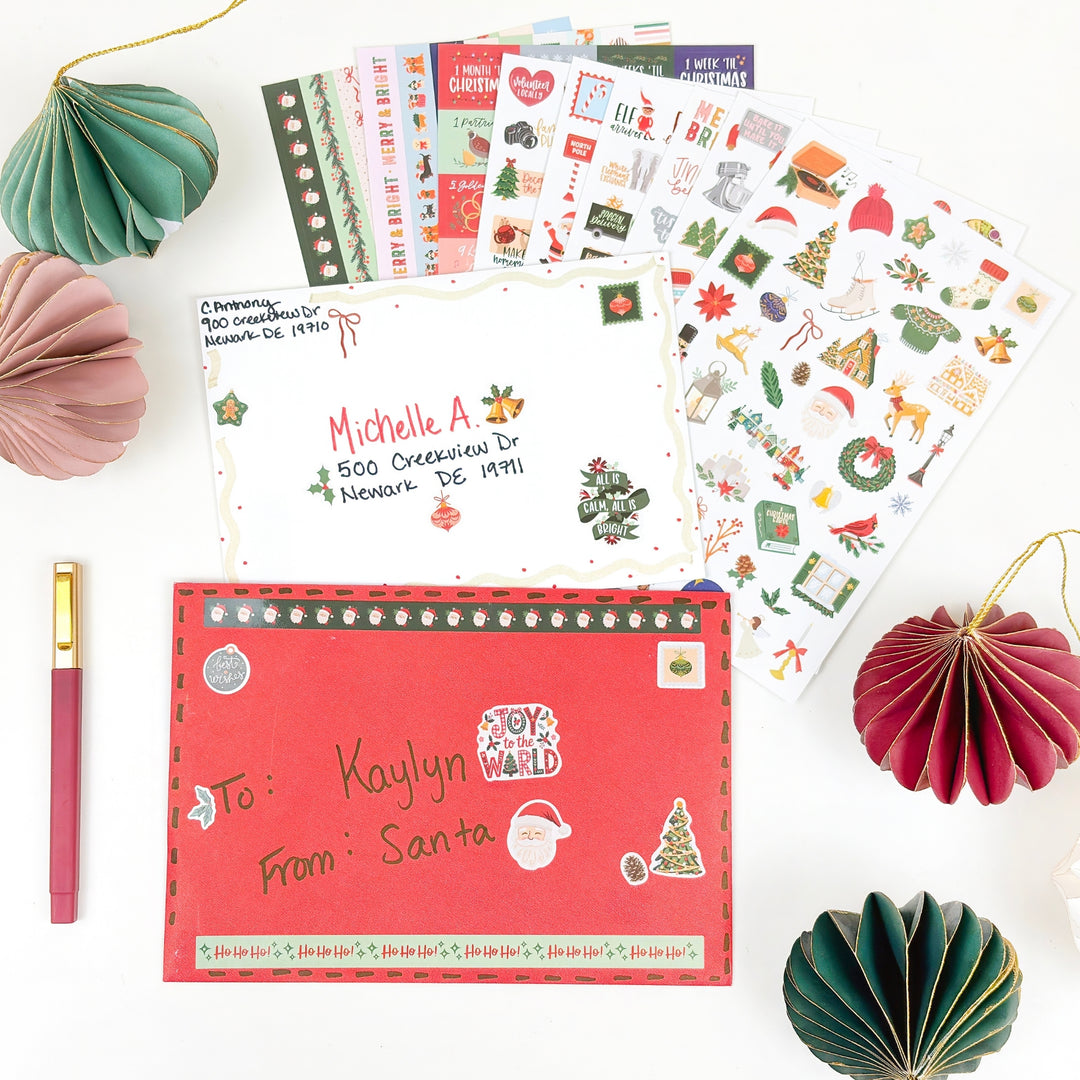 Christmas planner sticker sheets with colorful winter icons, borders, and greeting notes