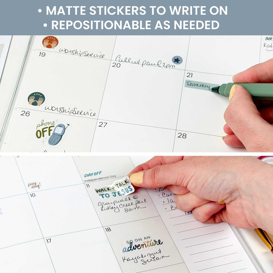 A pen writing on a matte sticker and a hand moving a repositionable glossy sticker. 