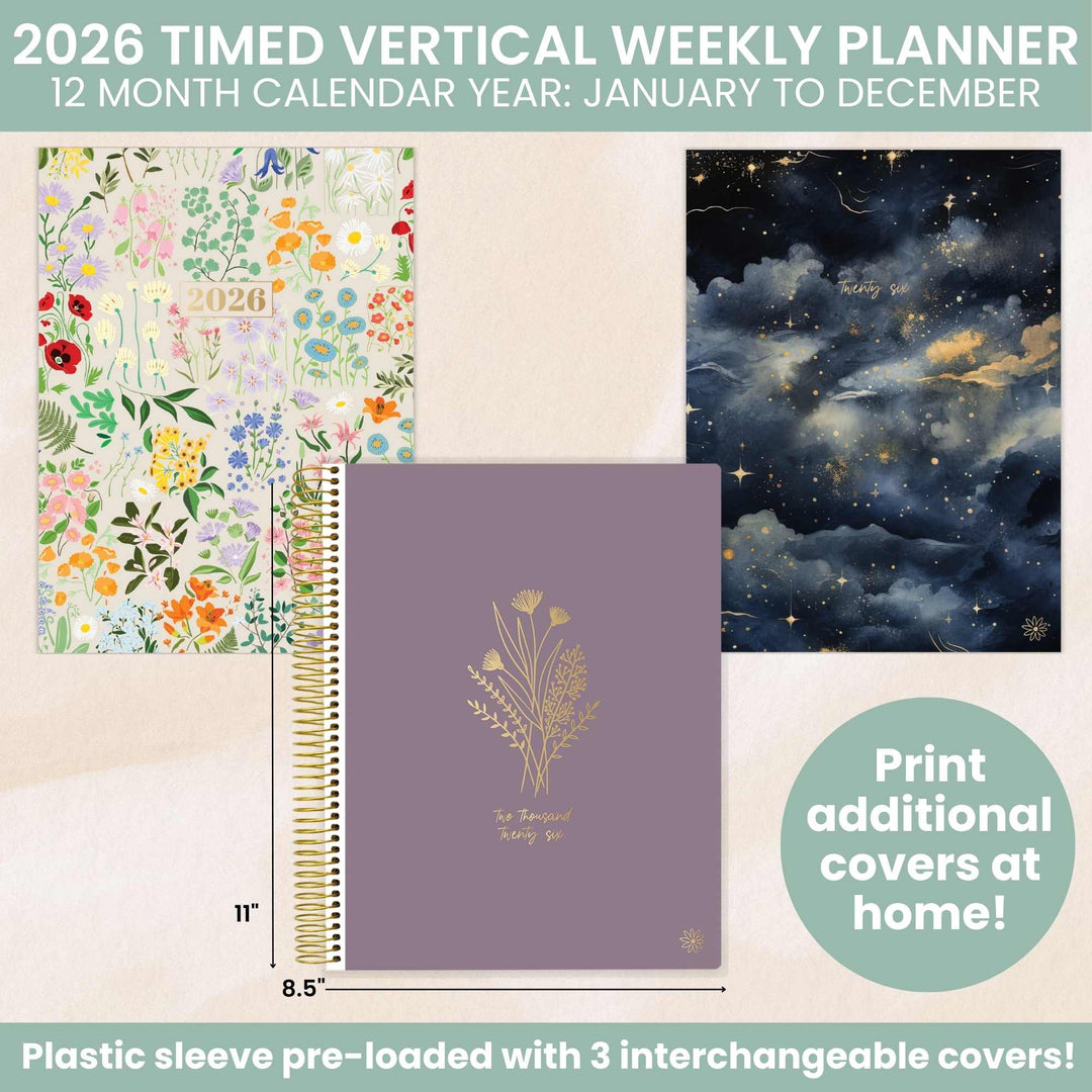 2026 Timed Vertical Weekly Planner, 8.5" x 11", Interchangeable Cover