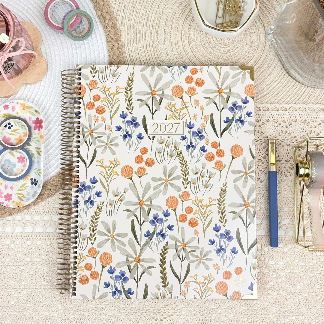 2027 hard-cover planner (8.5 x 11 in) with whimsical wildflower cover and spiral rings