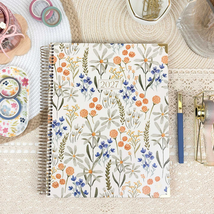 2027 hard-cover planner (8.5 x 11 in) with whimsical wildflower cover and spiral rings