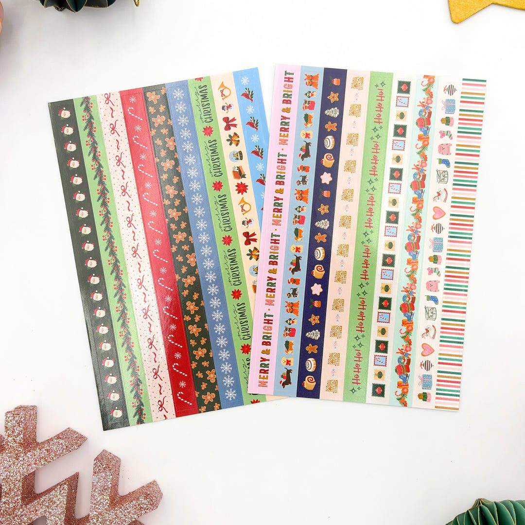 Christmas planner sticker set with multiple colorful strips and pattern holiday designs