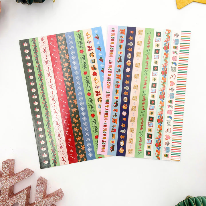 Christmas planner sticker set with multiple colorful strips and pattern holiday designs