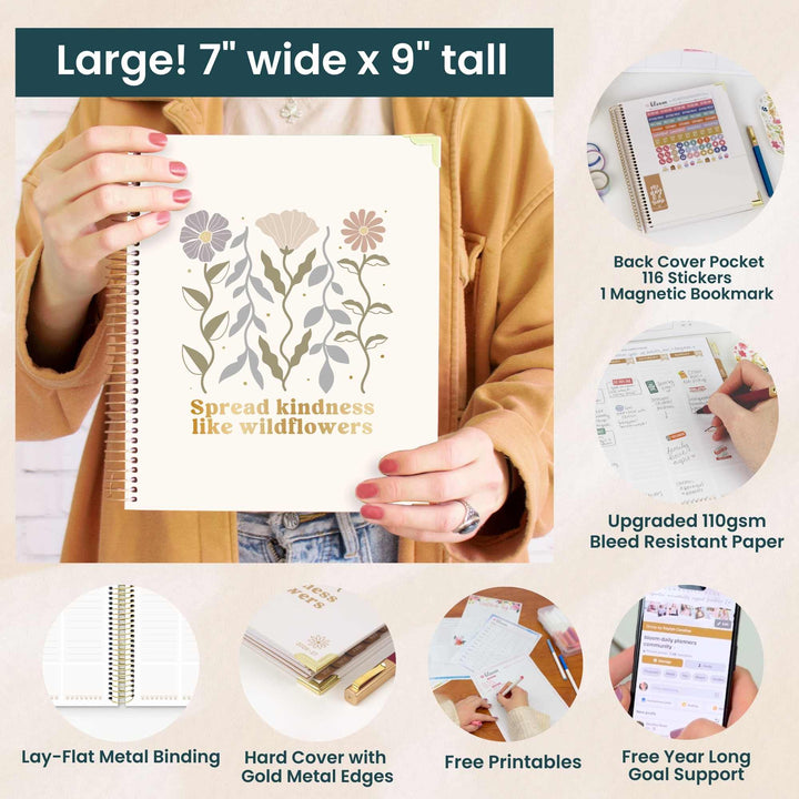 Special features of the vision planners including back pocket, free stickers, magnetic bookmark, thick paper, gold metal planner corners and gold binding.