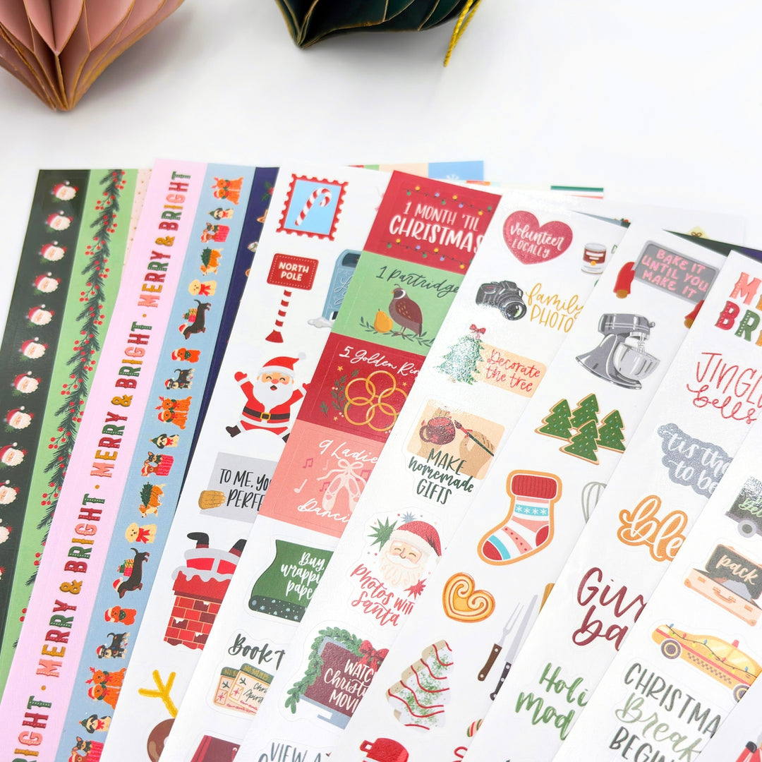 Christmas planner sticker sheets with mixed icons, gift graphics, and greeting text blocks
