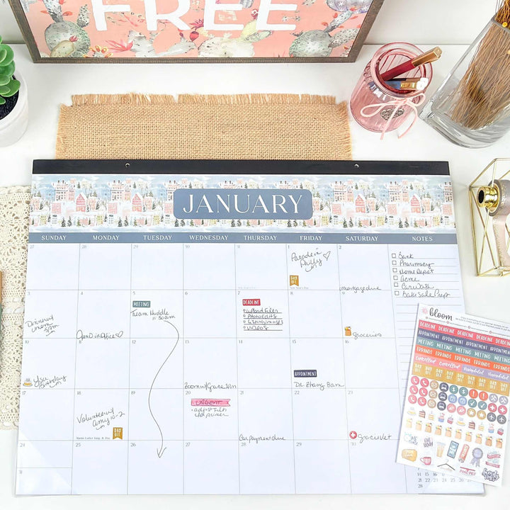 January calendar on a desk with stationery items