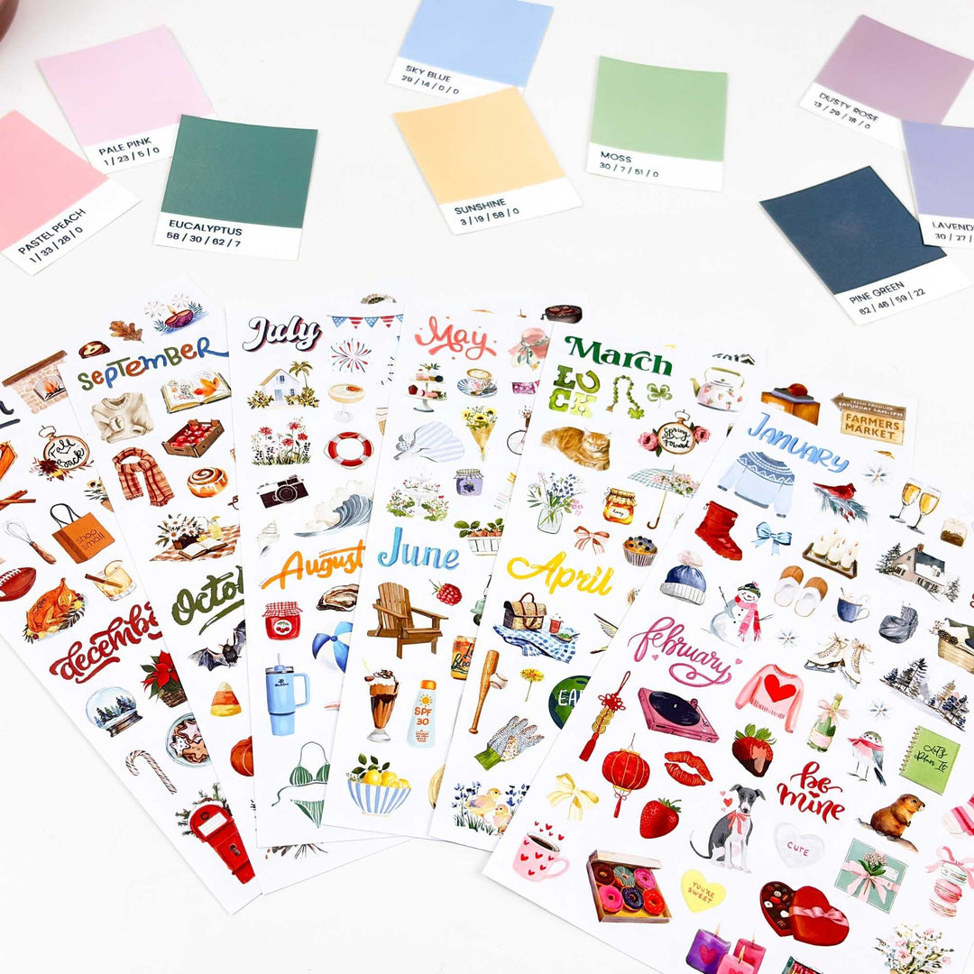 All six sticker sheets fanned out with Pantone-style color swatches nearby