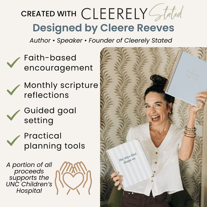Promotional graphic for a faith-based journal and planner set, featuring a woman smiling and holding two notebooks against a patterned wallpaper background. The left side lists features such as faith-based encouragement, monthly scripture reflections, guided goal setting, and practical planning tools.