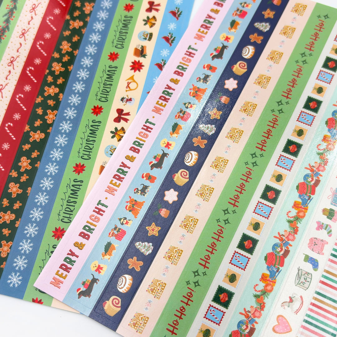 Christmas planner sticker strips in red, teal, blue, green, and cream with festive icons